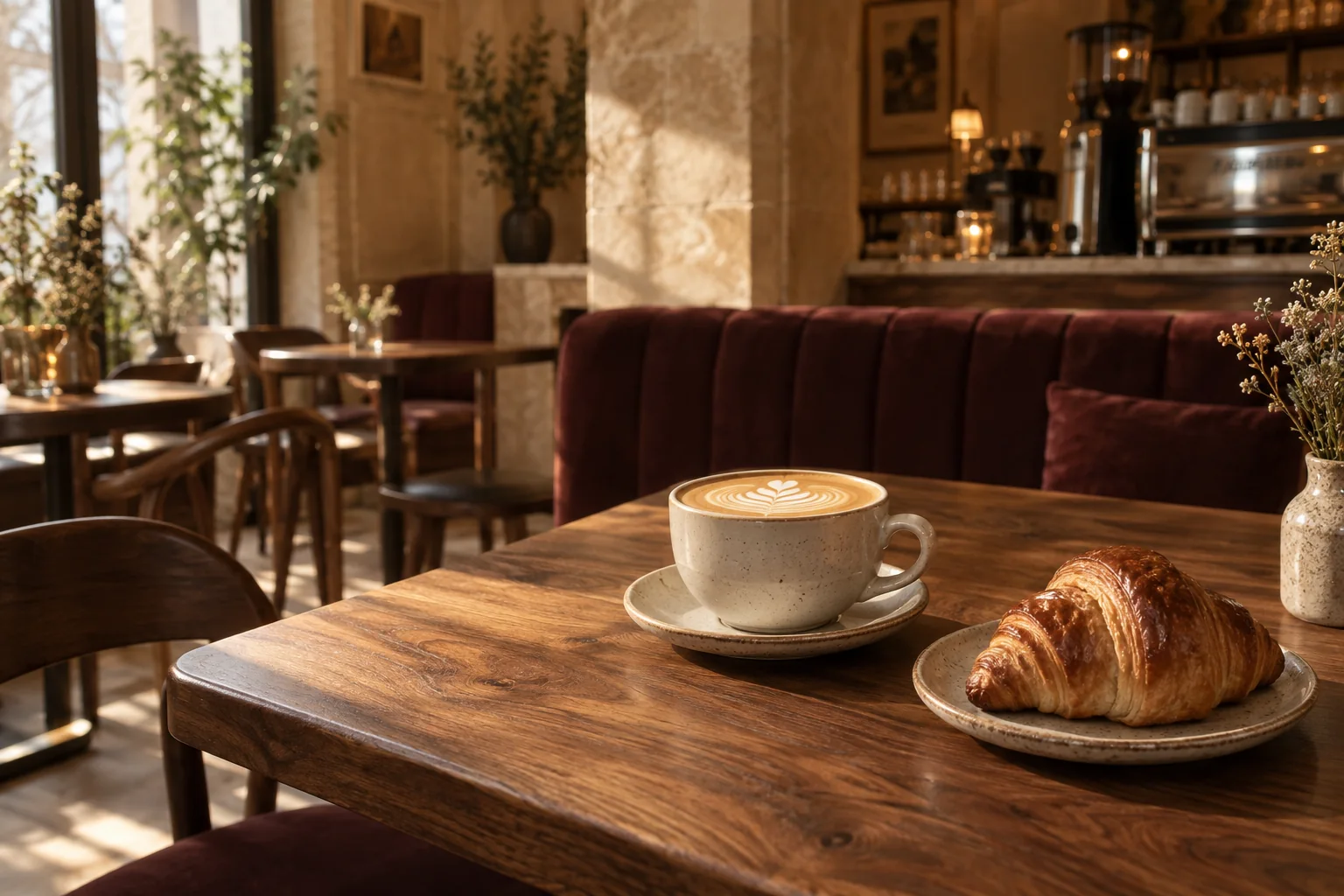 Masanın üzərində flat white və kruassan, tünd qırmızı banketka və kafenin isti interyeri
